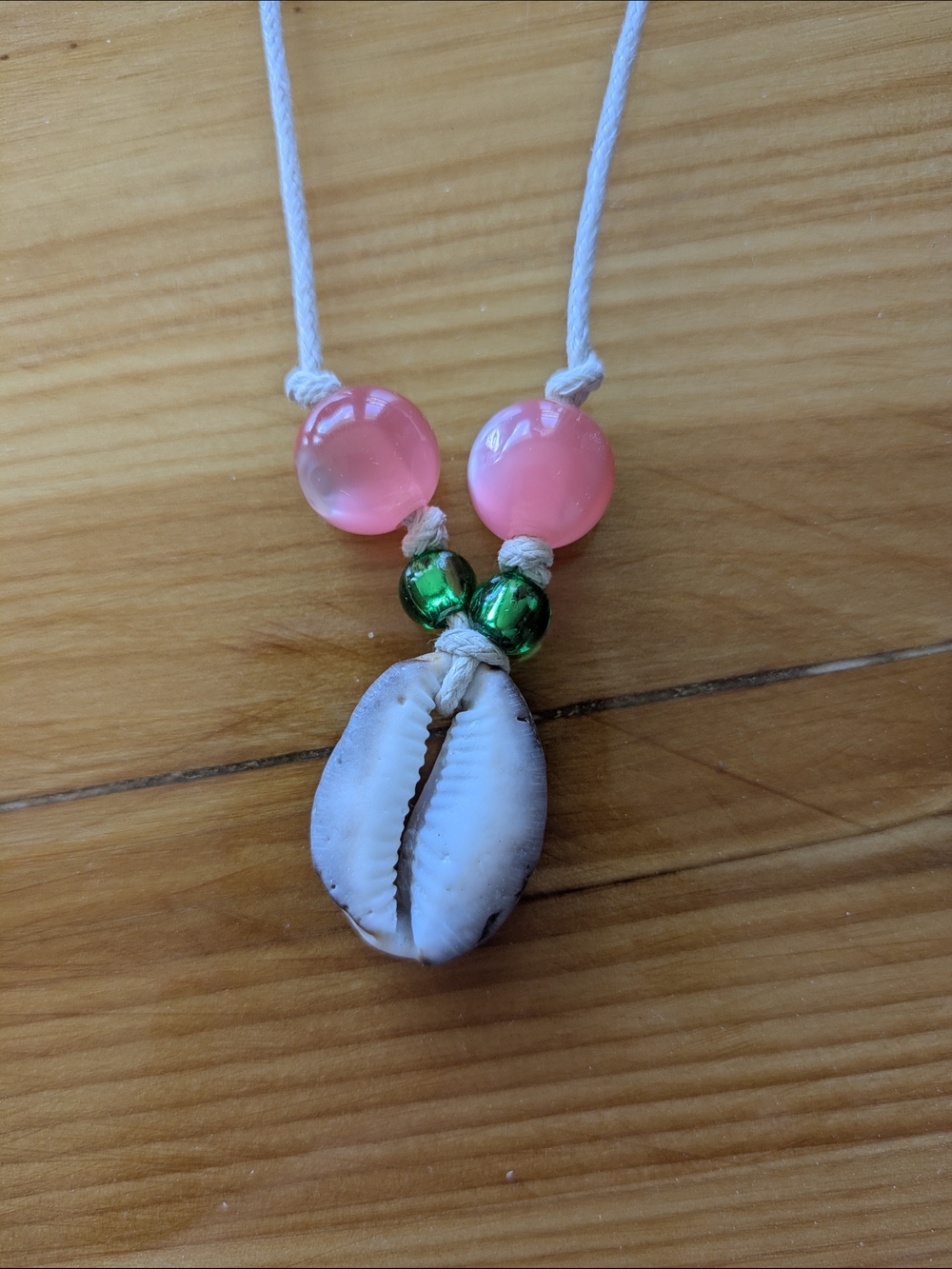 Handmade Shell Necklace with Pink and Green Beads